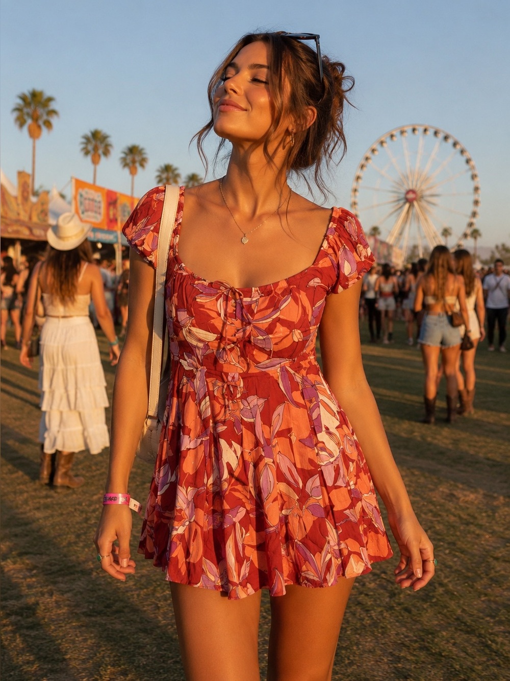 Sky to Moon S Small Tropical Print Floral Mini Sundress Red Orang Pink Boho